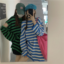 Autumn new Korean maternity dress Joker T-shirt loose slim striped shoulder long sleeve casual lazy coat tide