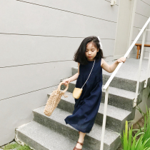OLAMIMI 21 Xia Sen line linen small Jiangnan wind navy blue girl temperament sleeveless long skirt dress parent-child