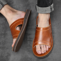 Handmade head layer full cow leather slippers mens summer outwear genuine leather sandals for old people Soft bottom anti-slip lined sandals