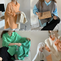 Large size womens fat sister mm Hong Kong flavor retro shirt top strap vest loose two-piece set design sense