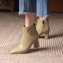 Tisdaini autumn and winter high heel boots children leather short boots pointed thick heel temperament single boots British wind thin boots