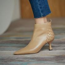 Tisdaini leather 2021 autumn and winter new boots Martin boots English style high heel heeled thin heel pointed womens boots