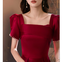 Toast dress Bride summer wine red little man engagement dress can usually be worn back to the door Satin thin wedding girl