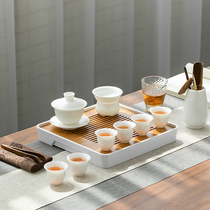 Dehua white porcelain sheep fat jade Kung Fu tea set Household simple office tea making living room teapot cover bowl Teacup
