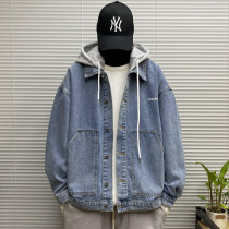 Tide brand removable hooded denim jacket men spring and autumn new size fat loose workwear casual jacket men