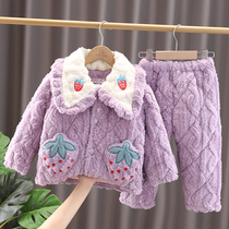 Childrens pajamas girls winter flannel three-layer cotton thickened warm coral velvet baby childrens home clothes