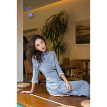 Blue improved cheongsam womens autumn 2021 New Fashion Young temperament retro embroidered long dress