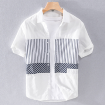 Japanese small fresh mens cotton short-sleeved striped shirt trend casual outer wear inch shirt Summer top shirt shirt