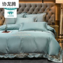 European-style light luxury embroidery washed silk bed four-piece cotton cotton wide-sided quilt cover sheets classical wind Green