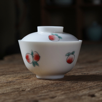 Jiangnan past hand-painted peach wide mouth bowl white porcelain two-only bowl hand-grabbing method bowl kung fu tea set Tea Bowl