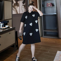 Large size womens clothing reduction polo collar short sleeve T-shirt dress 200 catty and younger sister mm loose to cover slim fit dress