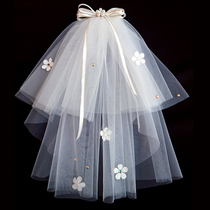 Princess veil childrens short gold ribbon bow color diamond flower bride registration photo wedding dress headwear