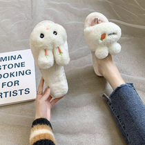 Knock cute little rabbit plush slippers female winter thick bottom girl sweet fairy home cotton slippers soft bottom