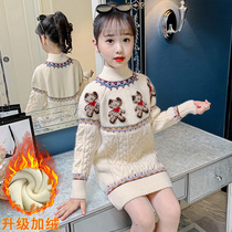 Girls long cartoon sweater 2021 new childrens winter style girl padded velvet knitted base shirt