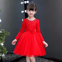 Girl Spring Dress Dress Dress 2022 New Long Sleeves Foreign Air Mesh Red Dress Spring Autumn Princess Dress Child Fluffy Yarn Dress