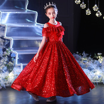 Childrens dress flower girl princess dress high-end red model catwalk host piano performance costume summer