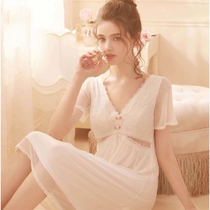 Princess style nightgown women Summer thin short sleeve lace sexy very fairy pajamas skirt skirt with chest pad can be worn outside home clothes