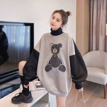 Pregnant womens autumn and winter jacket plus velvet padded high neck sweater new fashion belly loose size coat tide