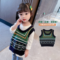 Childrens sweater vest spring and autumn new childrens vest autumn female baby fashion waistcoat plaid knitted womens clothes