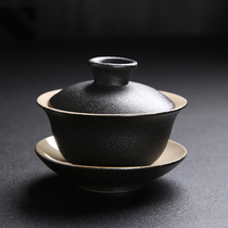 Xinyun black pottery bowl large tea brewers household three Cai bowl coarse pottery cup ceramic kung fu tea tea set