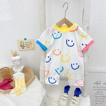 New summer short-sleeved one-piece Ha gown 1 baby boy contrast bag fart coat baby 2-year-old foreign korean version of pure cotton crawling suit