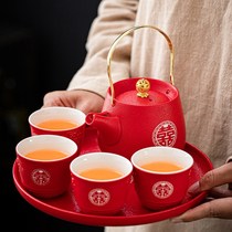 Wedding Tea Set set Ceramic Red Toast Teacup Wedding Celebration Gift Big teapot changing tea cup complete set of gifts
