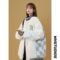 Lamb coat womens winter thickened cotton clothes 2021 new design sense niche cotton clothes checkerboard baseball suit