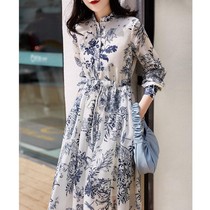 High - end fine - grained flower dress girl 2023 Spring and Autumn New Blue Flower Tissue with longtier - tie printing long sleeve dress