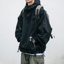 Japanese vintage washed workwear hooded jacket mens spring and autumn fashion loose storm jacket semi-zipper pull-up jacket