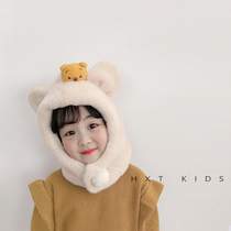 Childrens hat scarf integrated winter plush bear cute super cute Korean boy and girl baby ear hat tide winter