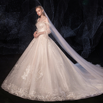 French starry light main wedding dress 2021 New temperament bride shoulder simple trailing small court Princess