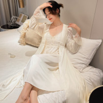 Sexy Palace Windlace Lace Sleepwear Woman Ice Silk Long Style Sleeping Robe With Chest Cushion Harness Sleeping Dress Two Suits