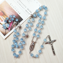 Amazon hot sale Blue Cats Eye Stone Cross rosary male and female pendant Catholic Virgin Jesus Christ necklace