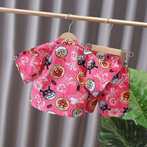  Childrens home clothes Summer female baby Japanese boy kimono pajama set Childrens gauze boys sweat steaming yukata