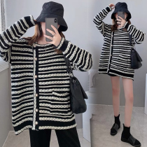 Pregnant women autumn winter sweater set Fashion Net red loose stripe knitted top spring and autumn new base shirt
