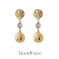 (RoundFace)2020SS retro texture stitching glass colored stone sunset long earrings