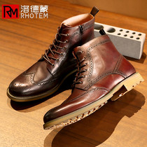 Lordmonbrock carved leather shoes mens business English style plus velvet leather boots leather high-top Martin boots mens short boots