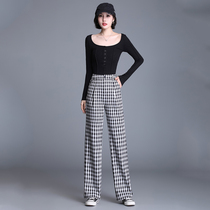 Black and white lattice pants childrens summer thin high waist loose straight tube Net red slacks spring and autumn wide leg trousers