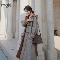 MAJE KARA Thousand Bird Tweed Coat Womens Long Style 2021 New Cattle Buckle Coat
