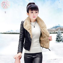 Plus velvet leather womens winter 2021 new real fur collar short slim thick coat leather wool one motorcycle jacket