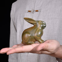 Green sandalwood solid wood carving rabbit ornaments handle pieces Green wood wood carving Zodiac rabbit home crafts