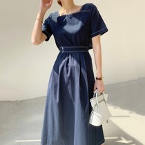Korean chic summer retro square collar line design sense temperament heart machine waist single-breasted dress dress