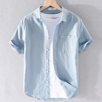 Summer new mens linen short-sleeved t-shirt free ironing loose shirt mens lapel solid color cotton and linen t-shirt top