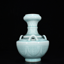 Qing - dry loong green glaze carved like a striped three - series bottle antique antique