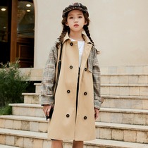 Korean girl windbreaker spring and autumn dress outside childrens medium and long plaid color pattern British style middle child khaki coat