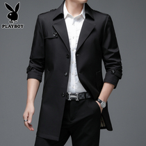 Playboy long coat mens spring and autumn new trend handsome black wild casual jacket mens trench coat