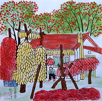 Golden string string rural autumn Guanzhong House farmyard corn harvest farm Huxian peasant painting size 25x25cm