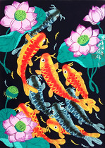 Jiuyu picture has more than good luck Lotus fish Liu Fengtao Shaanxi Huxian peasant painting size 52x38cm