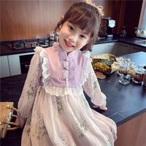 Girls dress spring summer 2022 new childrens vintage tang floral dress little girl long sleeve chiffon princess dress