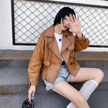 Haining leather leather clothing womens sheepskin raglan shoulder loose short jacket Korean version waist-pumping retro leather jacket new trend
